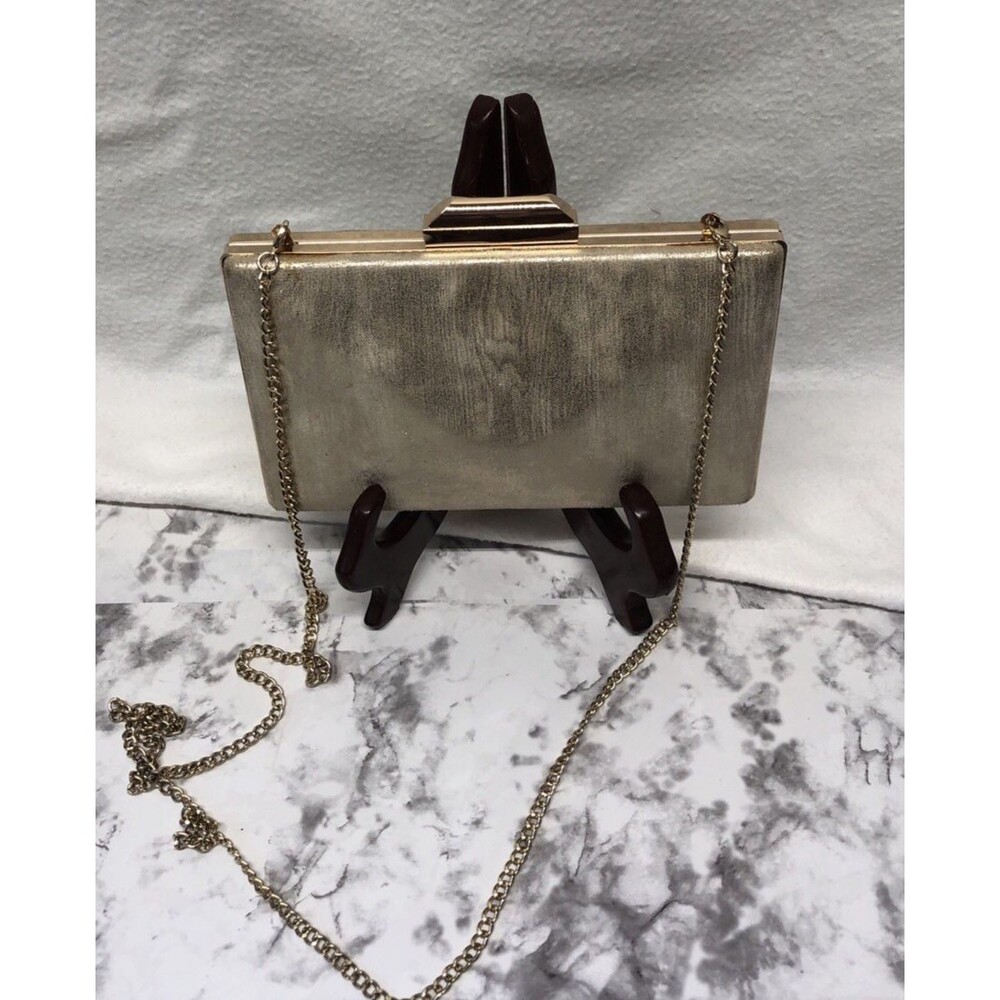 Nordstrom Gold Evening Clutch Structured Hard Case Box Purse Detachable Chain